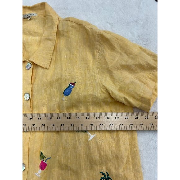 VTG Focus Medium- Yellow 100% Linen Button-Up Shirt W/ Tropical Embroidery - Picture 5 of 9